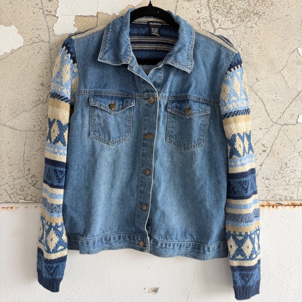 Vtg 90s Aztec Denim Jacket Cropped Boho Knit Southwestern‎ Womens M NorthCrest